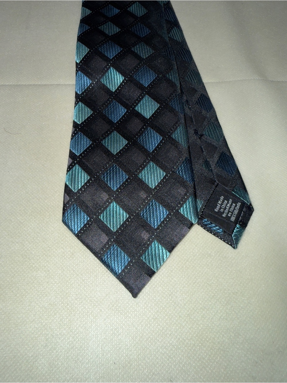Claiborne Black Tie with Teal and Navy Diamond Pattern